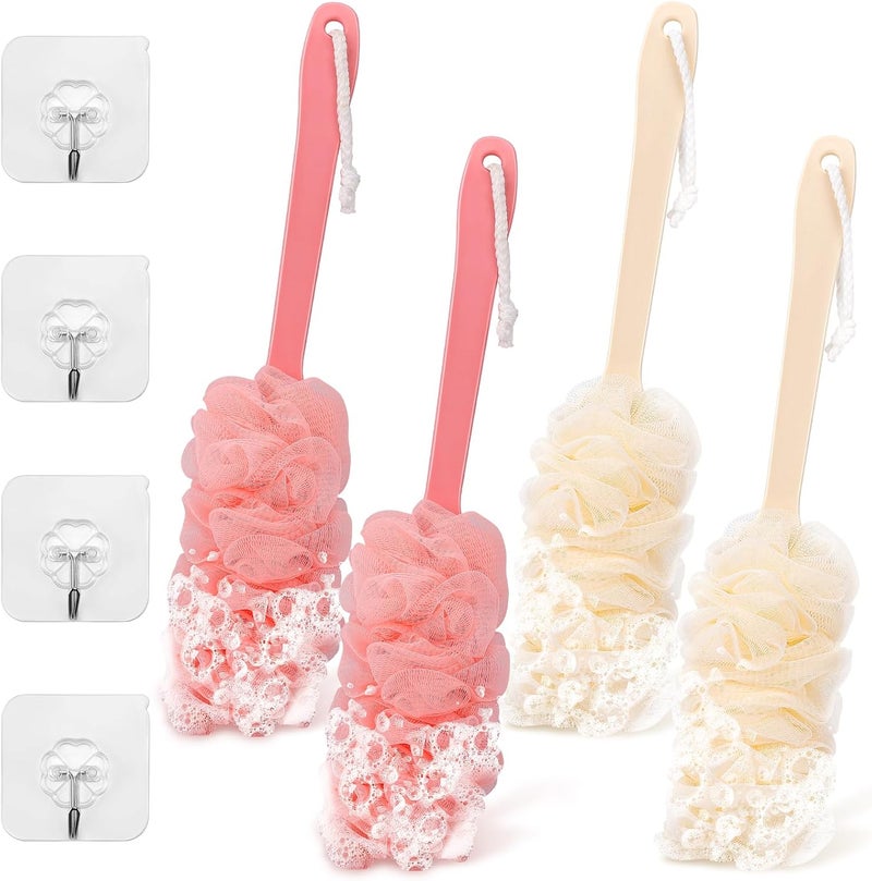NICEMOVIC 4Pack Back Scrubber for Shower Loofah with Long Handle, Shower Brush for Body, 17″ Loofah on a Stick for Men Women Bathing Accessories, Scrubber Sponge for Exfoliating Bath Brushes (Beige & Pink) - Image 1